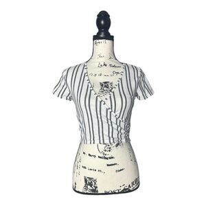 PacSun PS Basics Black & White Striped Wrap Crop Top Size S V-Neck Short Sleeve